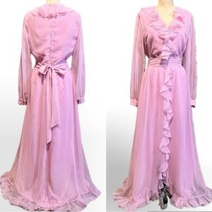 VINTAGE 70s stunning‎ formal prom gown dress frilly ruffles pink sheer chiffon